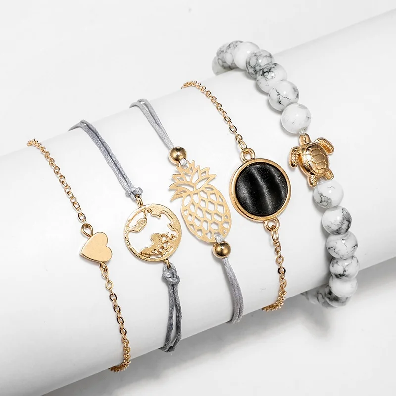 Fashion 5 Pcs/set Bohemian Handmade Pineapple Tortoise Bracelet Sets for Women Boho Beads Chain Bracelets Jewelry
