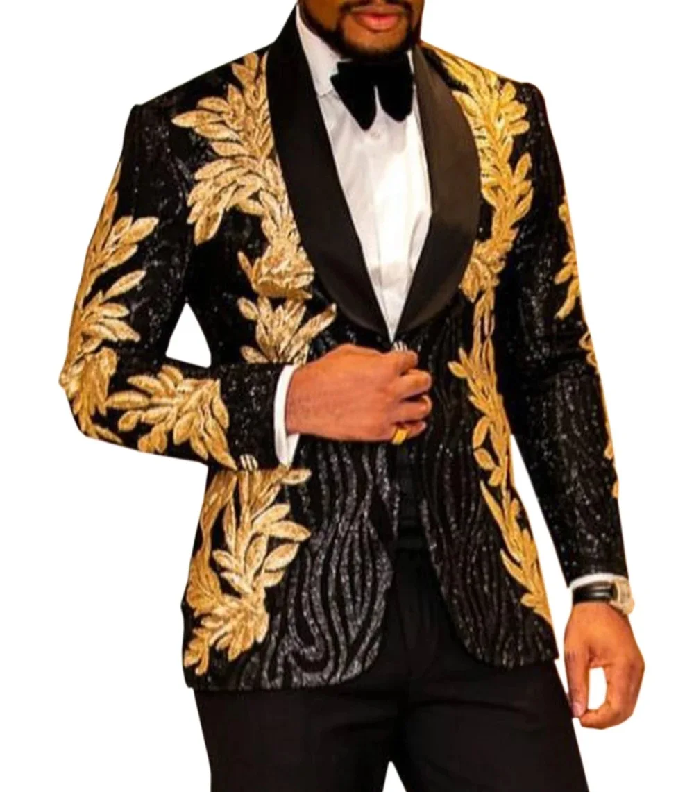 

Men Suits 2 Pieces Embroidery Design Tuxedo Suit Mens s Slim Fit Sequin Set For Men Grooms Suits With Gold Applique, Picture color