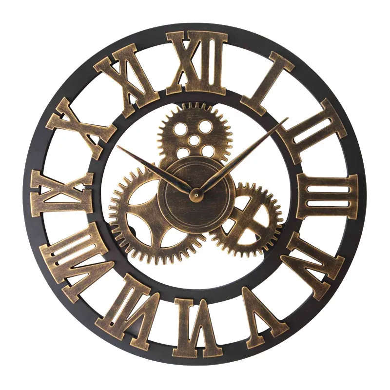 

Round 3D Roman Numerals Retro Rustic Battery Operated Non-Ticking Large Art Home Decoration Vintage Industrial Gear Wall Clock