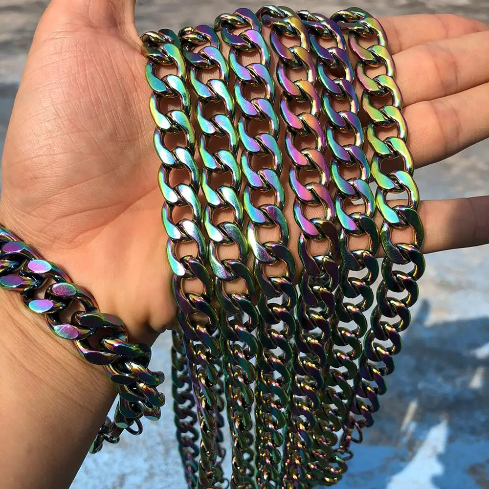 

10mm 316L Multicolor Cuban Link Chain Men Necklace Rainbow Jewelry 2019 Newest, Silver gold