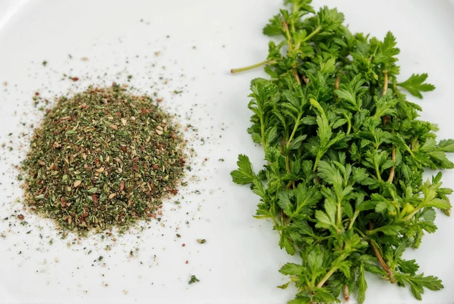 Fresh thyme sprigs next to dried thyme in a jar