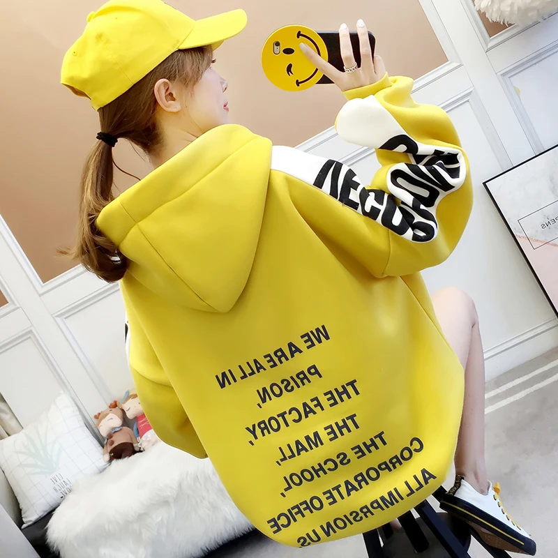 

2021 winter new Korean version of the contrast printing hoodie jacket plus velvet thick casual jacket sweater women