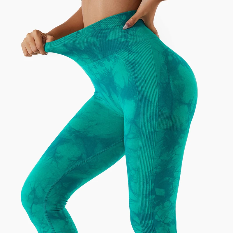 

Custom Front Seamless Tie-dyed Sport Leggings Women High Waist Fitness Compression Running Trousers