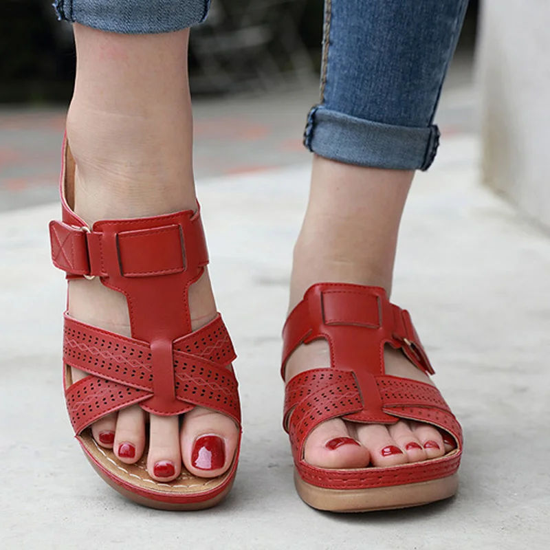 

2020 Summer Women Premium Orthopedic Open Toe Sandals Vintage Anti-slip Breathable Leather Casual Female Platform Retro Shoes