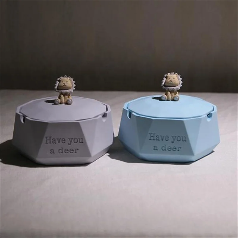 

Resin Cute Simple Household Creative Trendy Covered Ashtray Leakproofness Windproof Blue Gray Ashtray