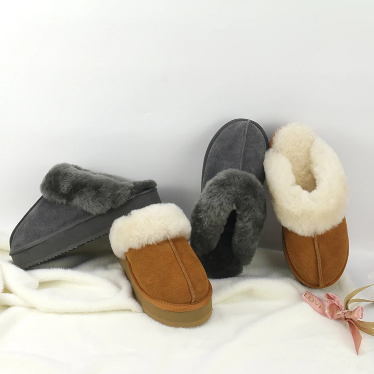 

Unisex Comfy Winter Warm Cow Suede Leather Handmade Shearling Cuff Platform Sheepskin Slippers for Women