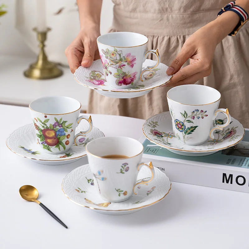 

QIAN HU European ceramic royal style flower gold rim creative restaurant coffee & tea sets cups and saucers customization, White