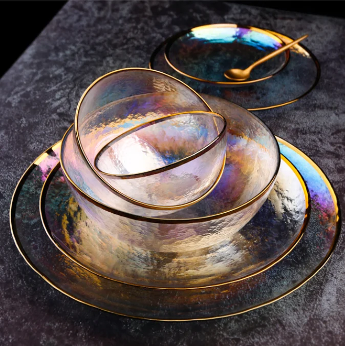 

custom colorful glass plates with gold rim glass dinner plates salad bowl wholesale charger plate, Blue clear gold support custom