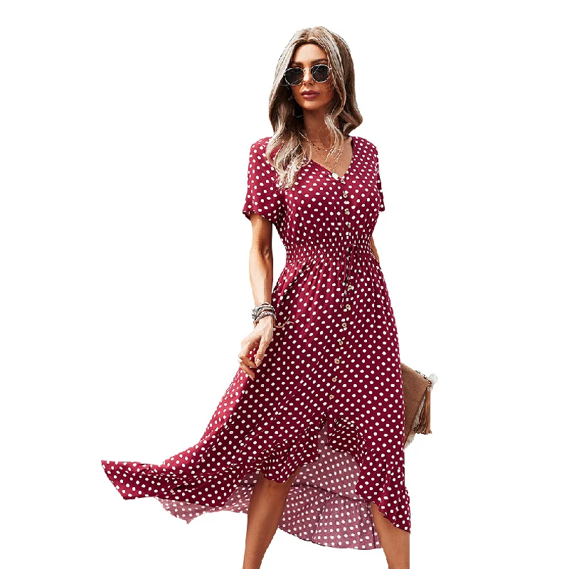 

New Women Short Sleeve V Neck Fashion Holiday Midi Dress Dots Printed Asymmetrical Ladies Casual Dress