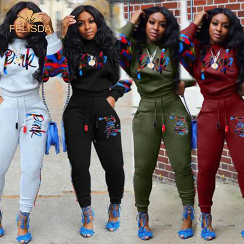 

Spring Autumn Pink Letter Print Women Tracksuit 3XL Sportswear Casual O Neck Long Sleeve Tops + Pants Outfits Two Piece Set
