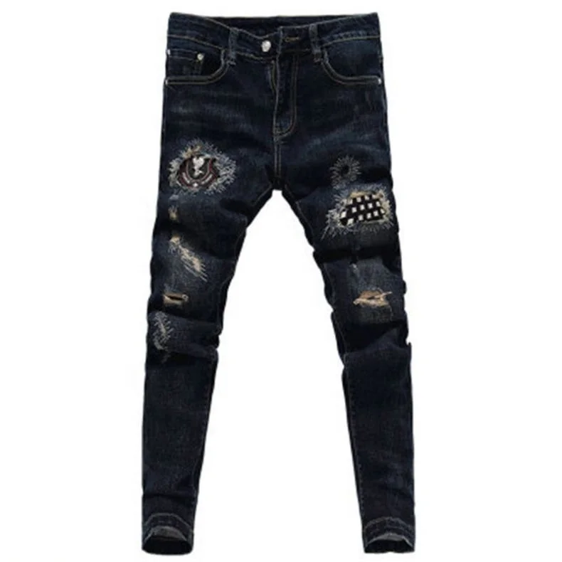 

Jhcentury Euramerica men's jeans Fashion Casual Black Pants Autumn Retro Pants Hot Style Men's Hole Pure Color Jeans, Customized color