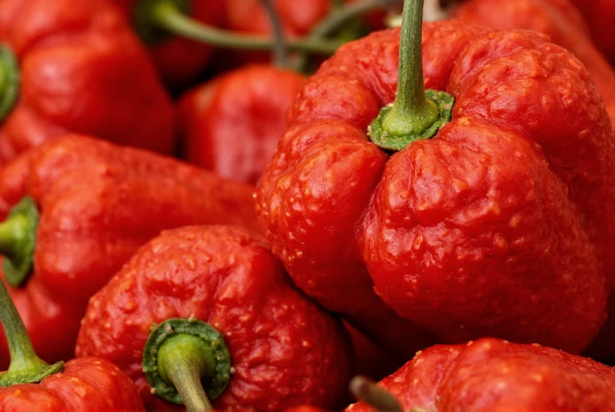 Close-up view of Carolina Reaper peppers showing their distinctive bumpy texture and red coloration with gnarled appearance