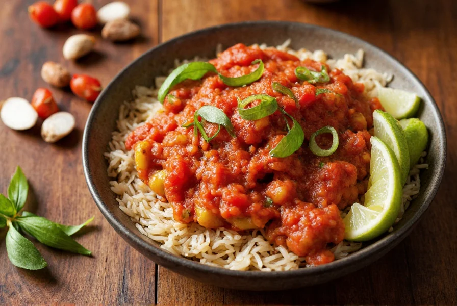 Sambal oelek being used in traditional Indonesian cooking with vegetables and rice