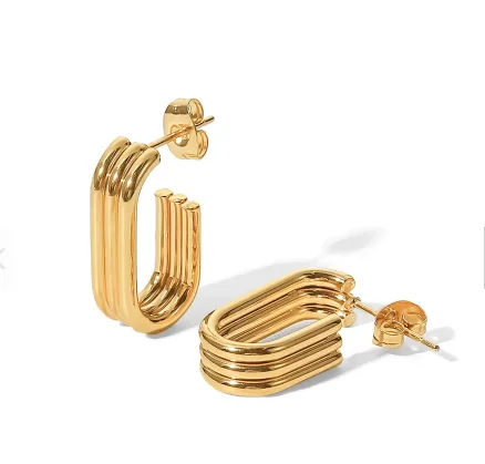 INSTA Stylish 18k Gold Plated Stainless Steel Opening U Shape Three Layer Tube Pipe Design Geometric Hoop Earring Trendy