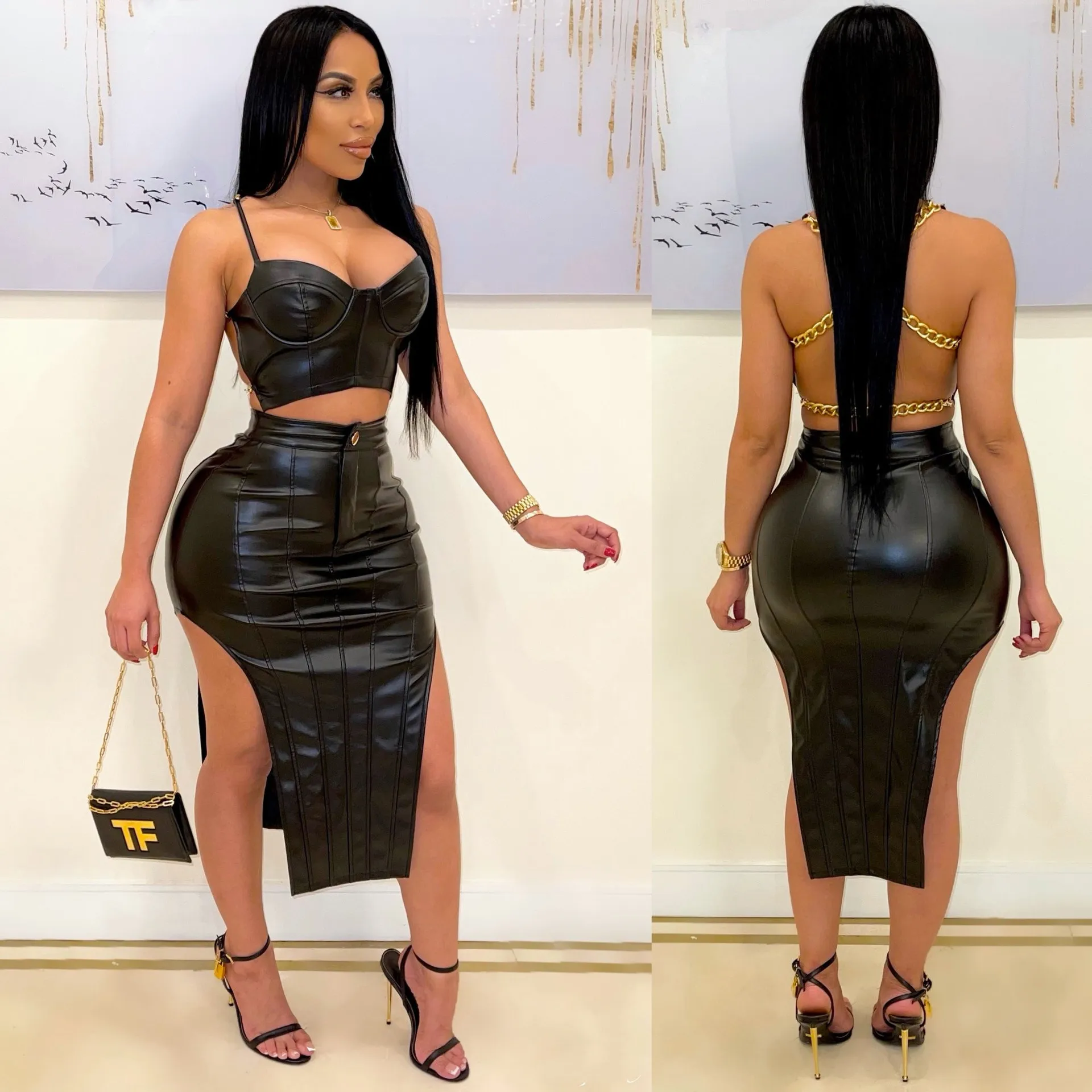 

J&H 2022 new arrivals PU leather skirts 2 piece set women chain strap backless crop top and black skirt sexy club outfits, 1 colors as picture
