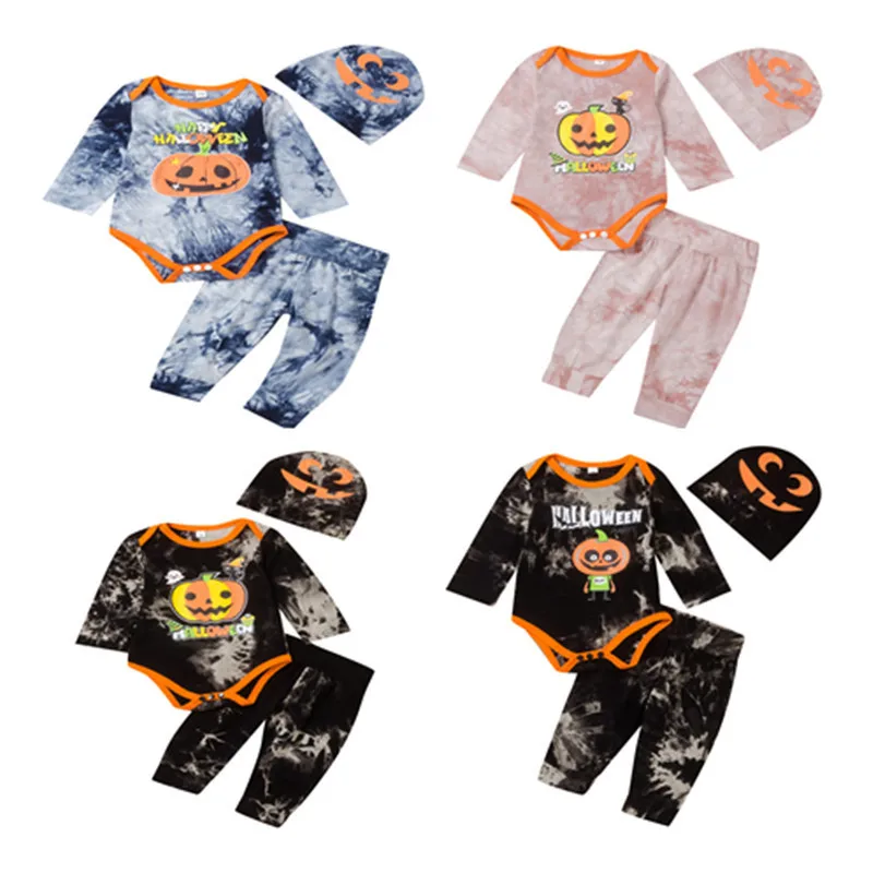 

Halloween Clothes Baby Tie Dye Clothing Sets Toddler Long Sleeve Pumpkin Print Romper Pants hats 3Pcs/Sets Infants Outfits M171