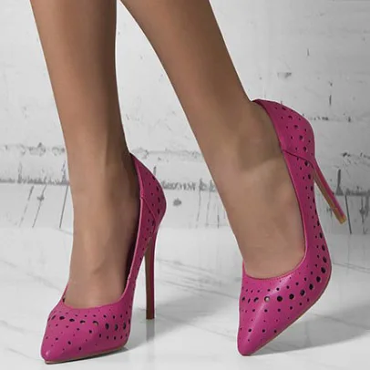 

PU Large Size 47 Women High Heel Shoes Ladies High Thin Heel Pumps Hollowed-out Design Pointed Toe Rose Red Women Dress Shoes