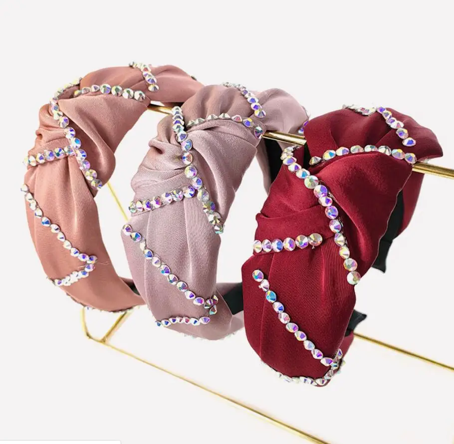 

Summer Fashion Solid Color Cloth Fabric Hairband Women Hair Accessories Color Rhinestones Bling Knotted Headband, Picture shows