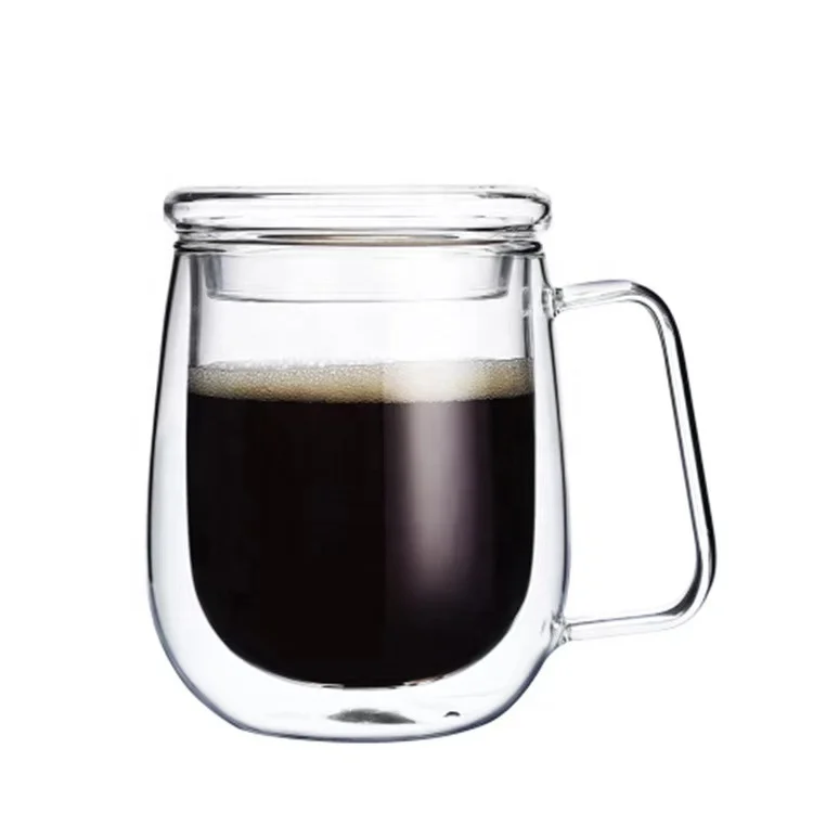

european fashion and handmade decal logo double wall glass coffee mug with handle and lid, Clear