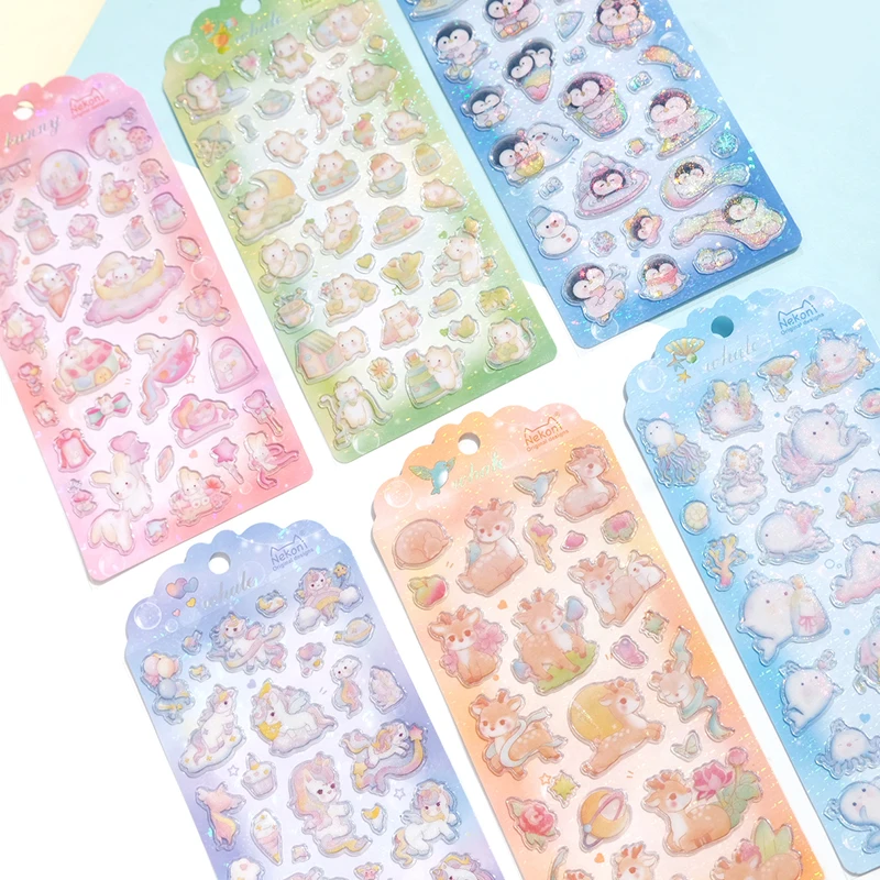 Nekoni Glitter Crystal Stickers Animal Waterproof Stickers Sheet Fawn Bunny Kitty Whale Penguin Unicorn 3D Stickers Sheet