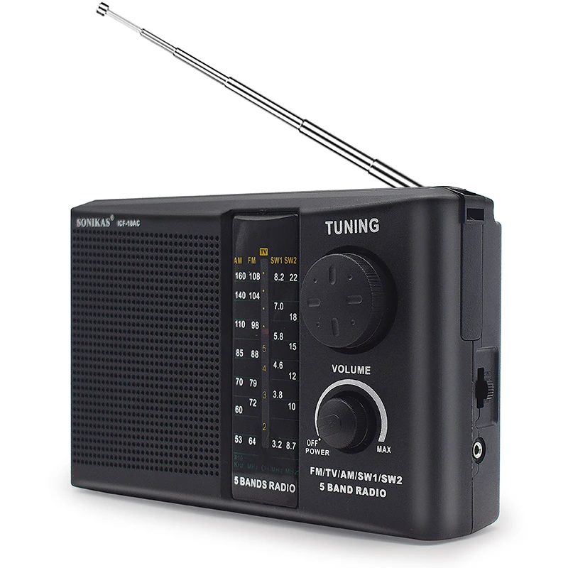 

AM/FM/SW1/SW2/TV 5 BAND RADIO Portable Radio Transistor Radio Hight/Low Tone Mode, Big Speaker, AC Power, Black