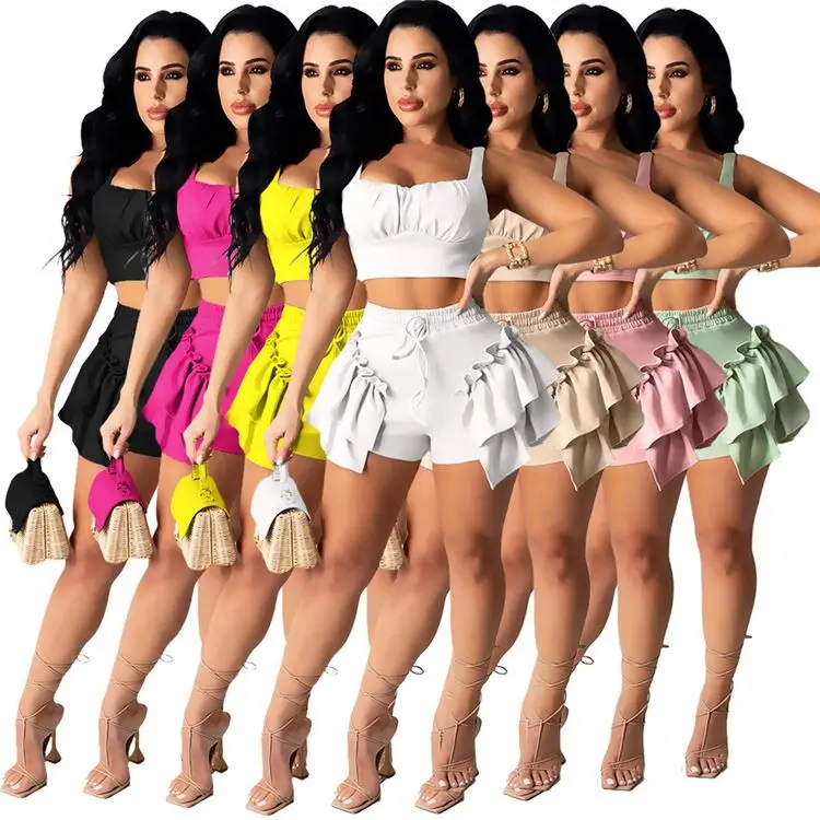 

L 2021 Summer fashion Women sleeveless crop top bra and ruffle shorts Biker Short Set 2 Two Piece pant Set, White, yellow, gray, green, black, pink, blue