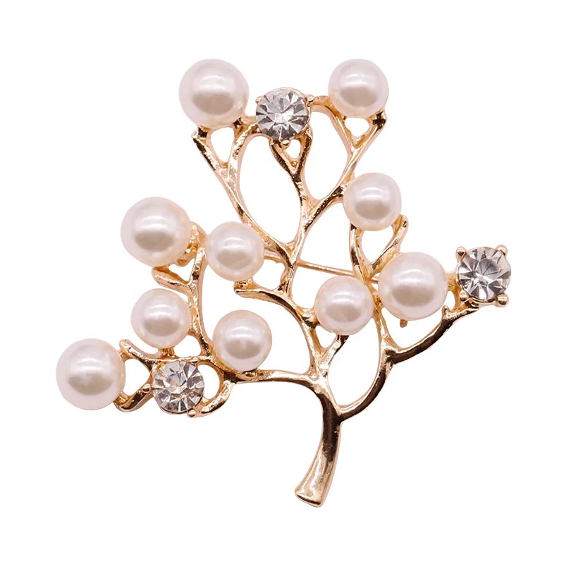 

XILIANGFEIZI Wholesale Korean Woman Alloy Accessory Creativity Plant Rhinestone Pearl Brooches, Gold