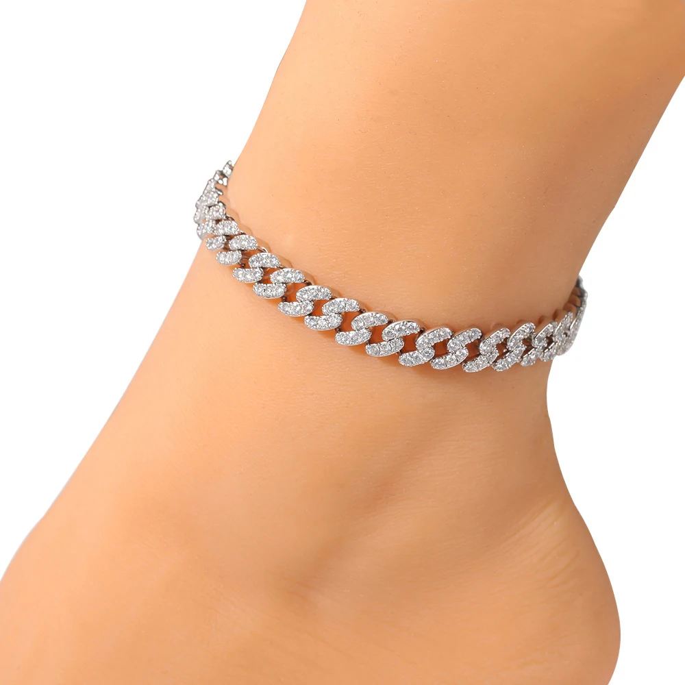 

Ins Amazon 2021 Summer Iced Out Pave CZ Cuban Link Anklet Hip Hop Jewelry For Women