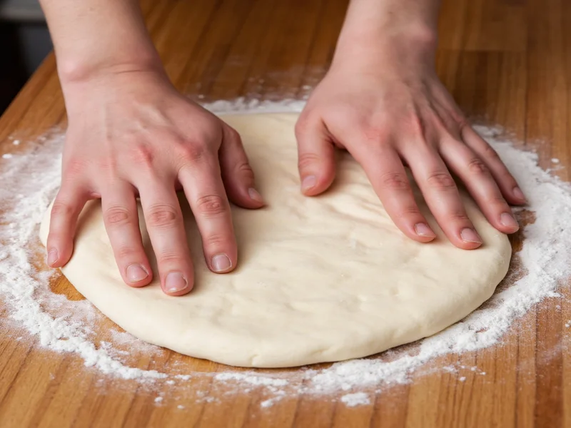Hands stretching pizza dough on floured wooden surface