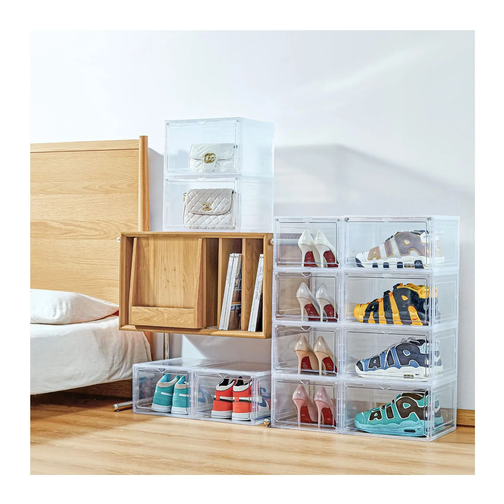 Brown PP Plastic Eco-Friendly Injection-Molded Foldable Rectangle Shoe Box 14x10x4 XXL Side Open Save Space Home Storage