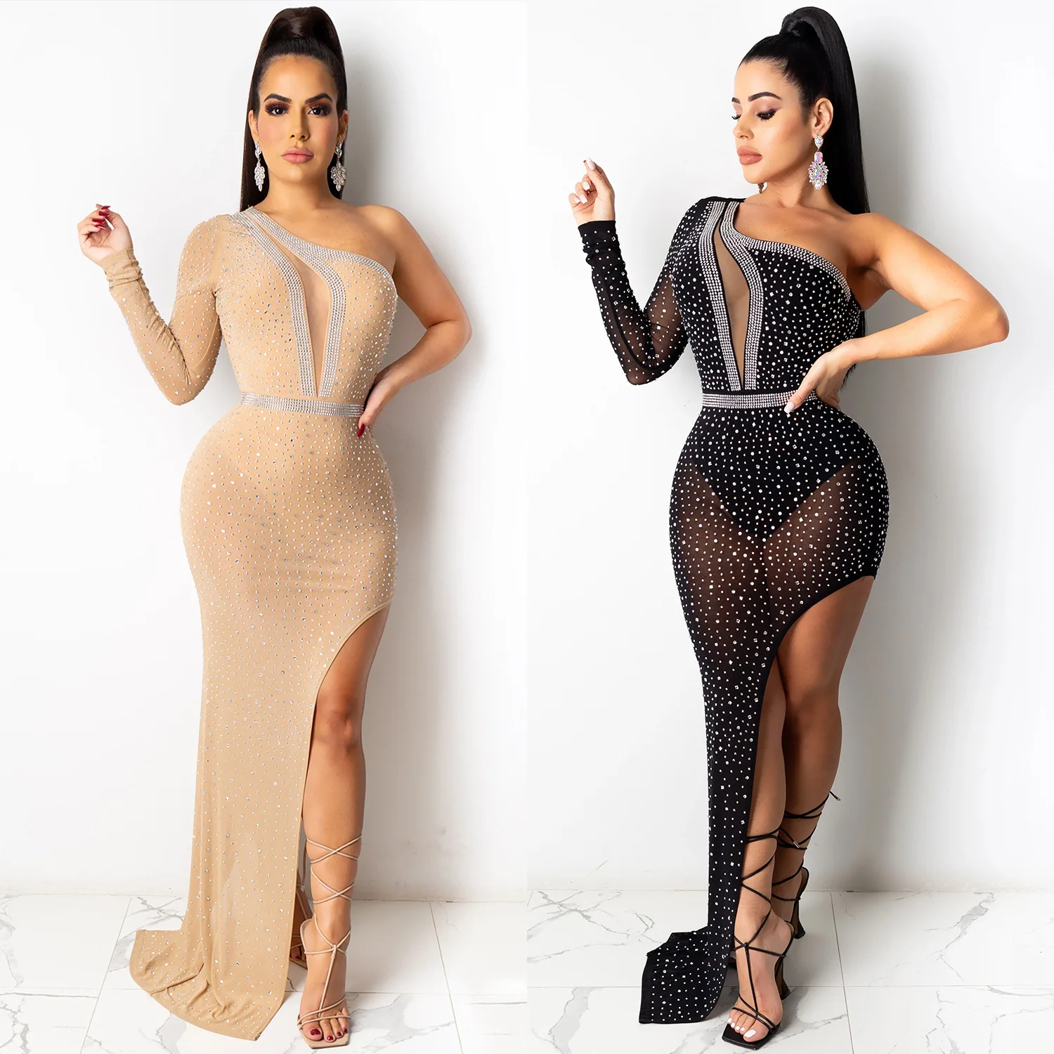 

Maxi Sequins Dresses for Women Wholesale 2021 New One Shoulder Trendy See Through Hollow Out Split Party Casual Dresses Bodycon, Photos show