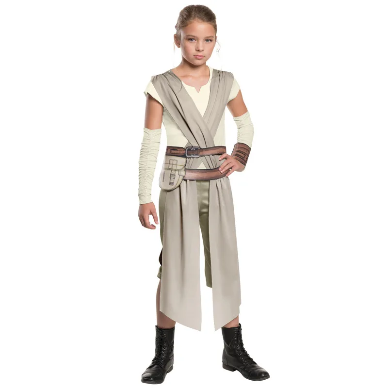 

cheap role play movie wars Force Awakens Rey Jedi Deluxe Child Rey kids Star VIII She's a girl cosplay Halloween party costume, Picture shown