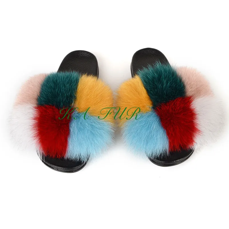 

Fashionable Multi Color Girls Beach Slipper Real Fur Slippers Women Fox Fur Slides