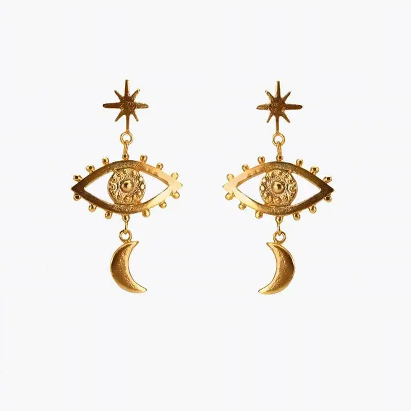 

2020 New Engraved Evil Eye Star Moon Long Dangle Earrings For Women Lady's Vintage Jewelry Gold Color Metal Earring, As shown