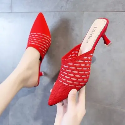 

Summer new style mesh hollow women's shoes half-drag women's high-heeled stiletto sandals and slippers