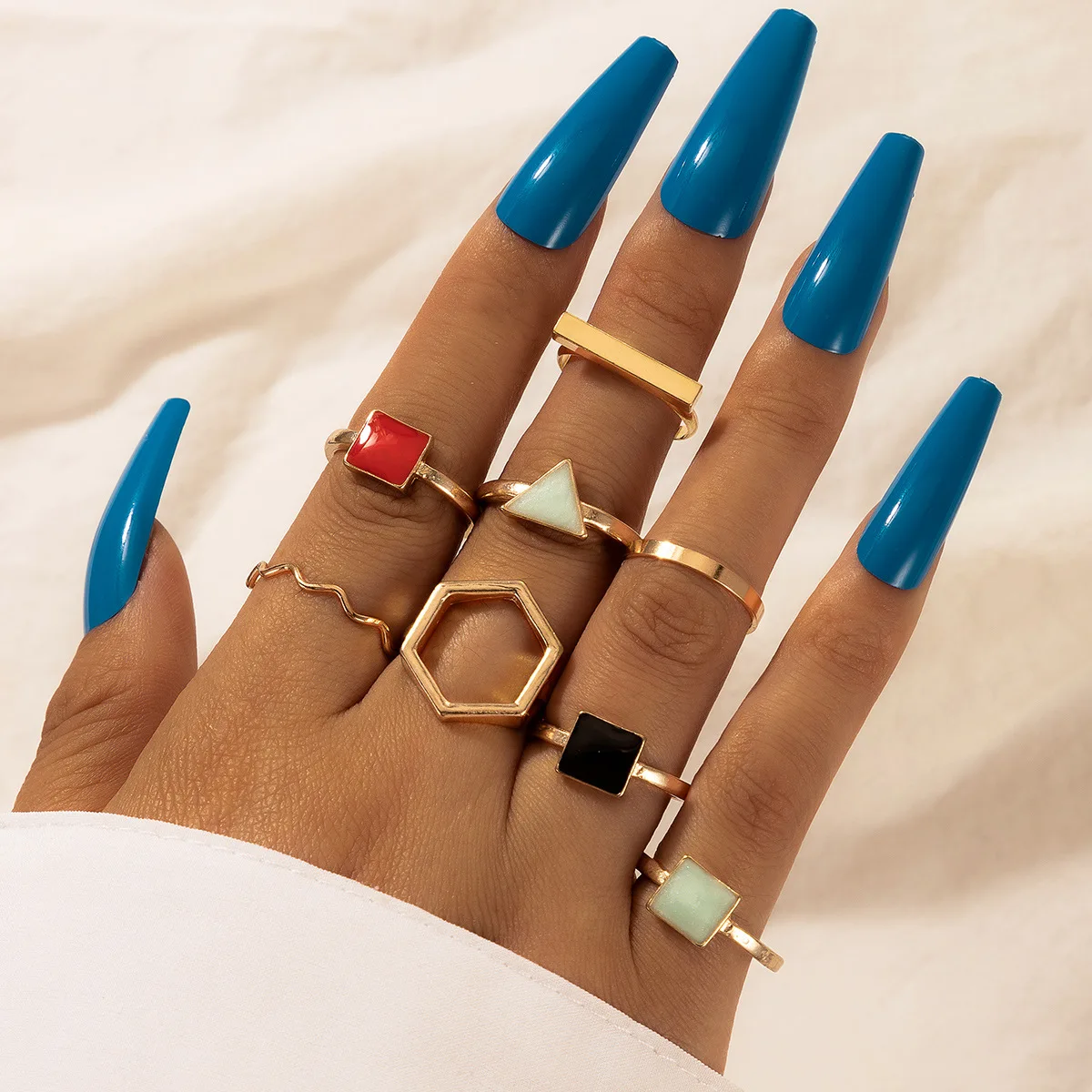 

8 Pcs/set trendy fashion colorful geometric square party rings set finger rings accessory