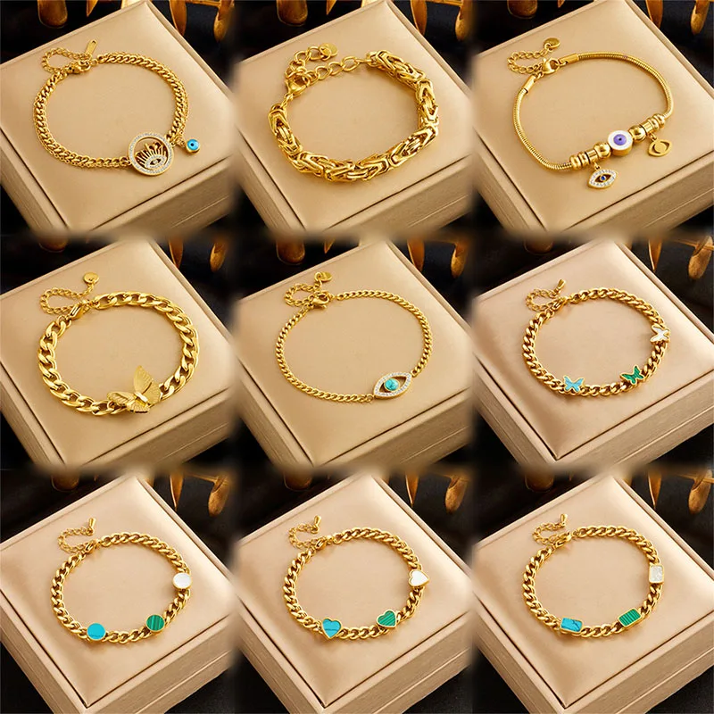 

Luxury Stainless Steel 18k Gold Zircon shell Heart Butterfly Chain Bracelet Women Cz Turquoise Eyes Bracelet Jewelry