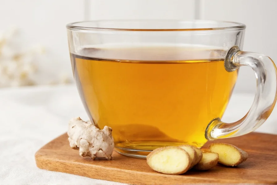Four different mugs of ginger tea variations with lemon slices, honey, and spices arranged on a wooden table