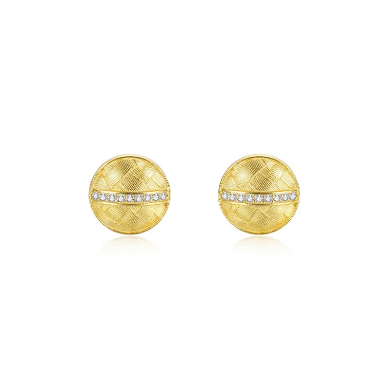 

Italian Handcrafted Jewellery 925 Sterling Silver 18K Gold Plated Zircon Pave Bamboo Pattern Round Stud Earrings