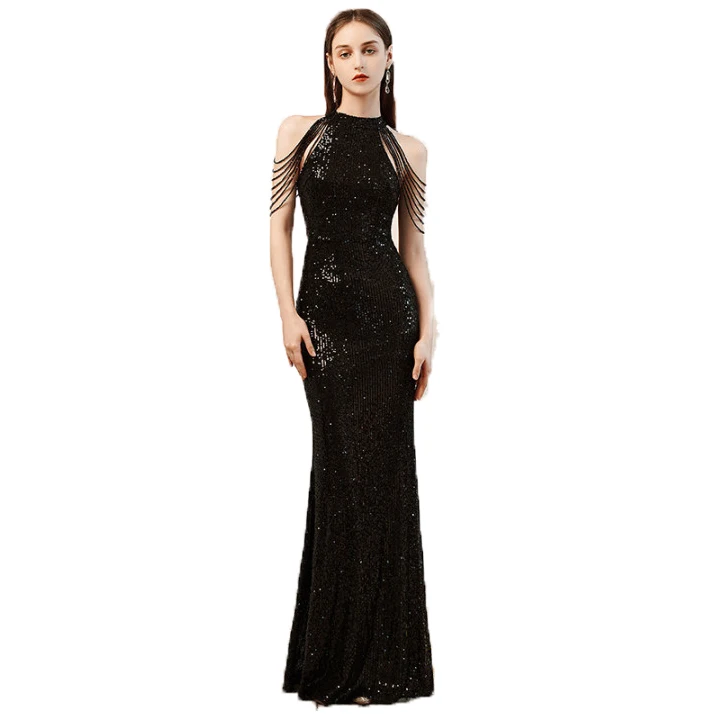 

2021 new banquet temperament celebrity tassel sequins plus size sexy slender fishtail evening dress wedding dress