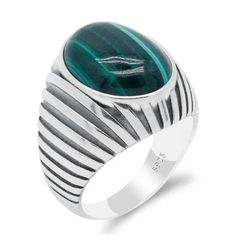 

Vintage Inspired oval-shaped Green Natural Malachite Handmade Ring 925 Sterling Silver Ring for Men