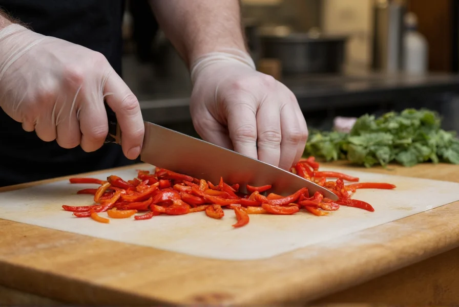 Chef wearing gloves while carefully slicing fresh cha cha chilies on cutting board