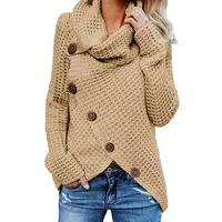 

Custom OEM Winter Ladies Heather Gray Buttoned Wrap Turtleneck Women Sweater