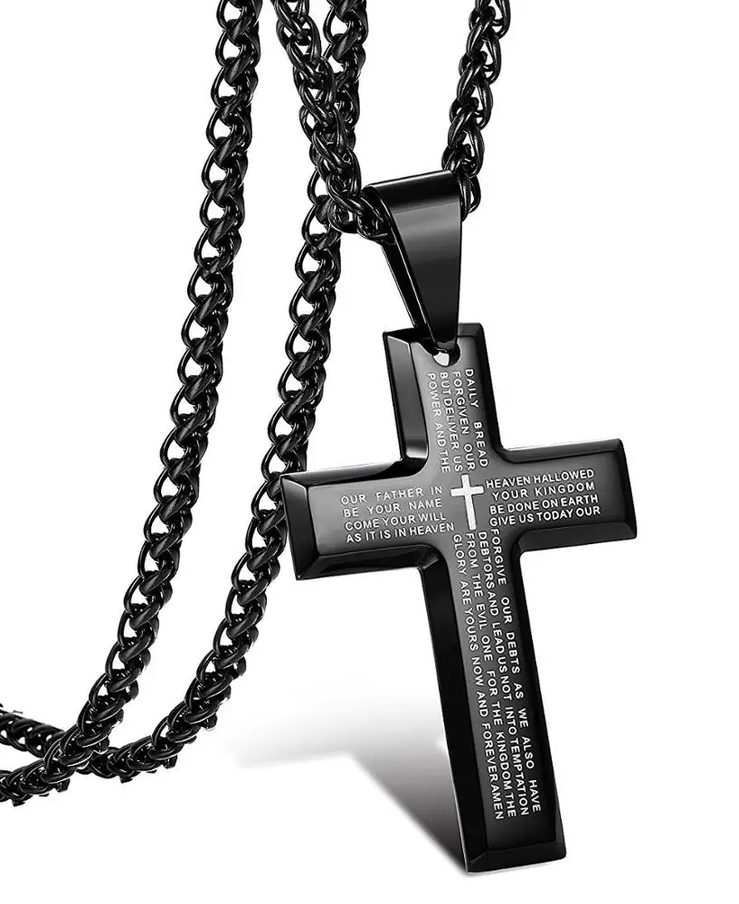 

Jesus Cross Bible Vintage Black Pendant Lord's Prayer Necklace 24 Inch for men women, Black silver