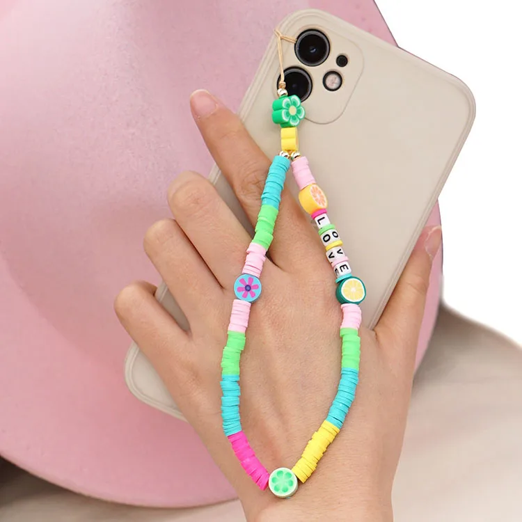 

PC1002 fashion polymer clay disc bead phone chain for women, trendy smiley face ladies PC chain for ladies