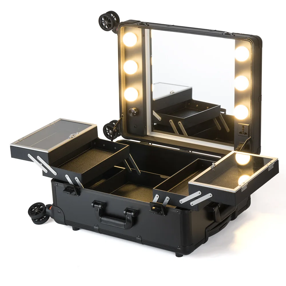 

Aluminum rolling trolley makeup train case toiletry organizer Hairdressing beauty cosmetic case with LED light mirror, Customized