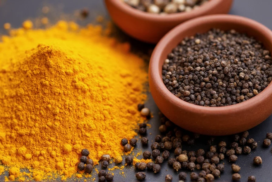 Close-up of turmeric powder and freshly ground black pepper in small ceramic bowls showing golden yellow and black contrast