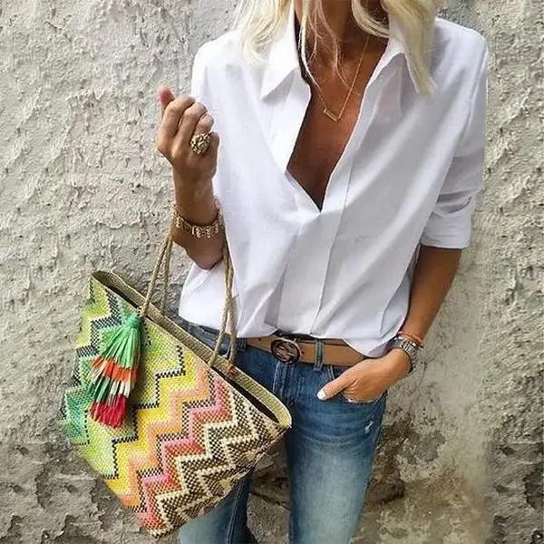 

Fashion classic casual loose white shirts simple turn down collar office women blouses elegant, Customized color