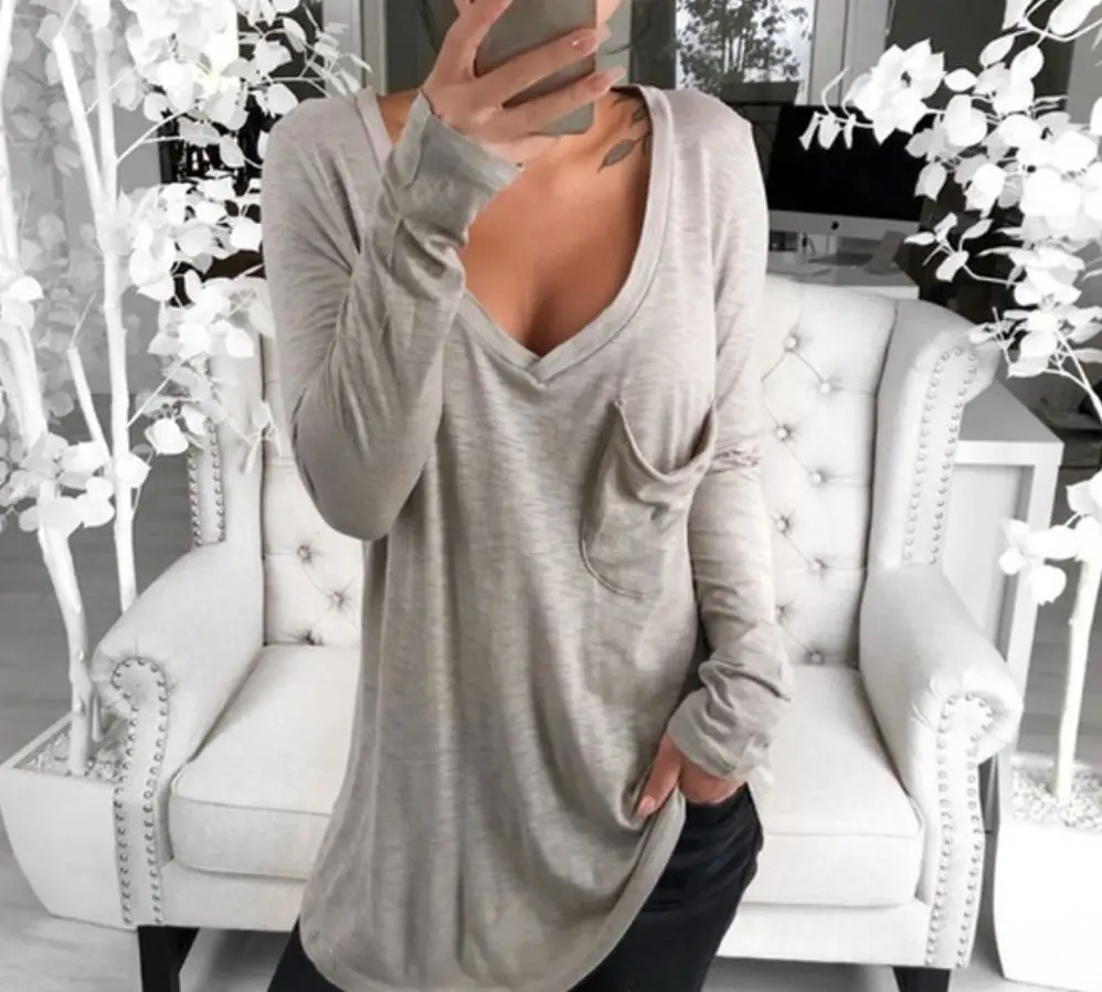 

Coldker Spring Women Sexy V Neck T Shirt 2021 New Fashion Solid Tops Tee Female Long Sleeve T Shirt Casual Loose Basic Tshirts, As picture