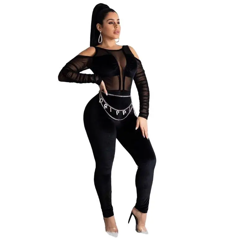 

Sexy jumpsuit European and American fashion women's clothing velvet spliced mesh sexy jumpsuit Versatile casual jumpsuit